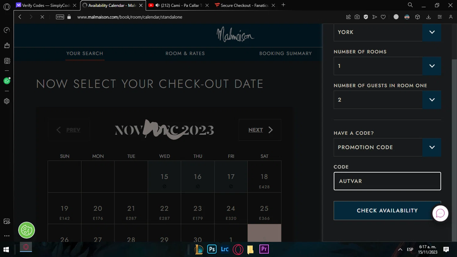 Malmaison checkout page showing Malmaison discount code box | Screenshot taken by SimplyCodes community member on Nov 15, 2023
