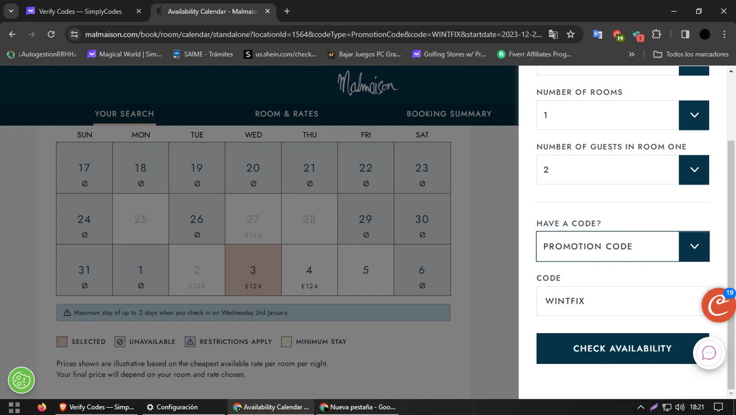 Malmaison checkout page showing Malmaison discount code box | Screenshot taken by SimplyCodes community member on Dec 16, 2023