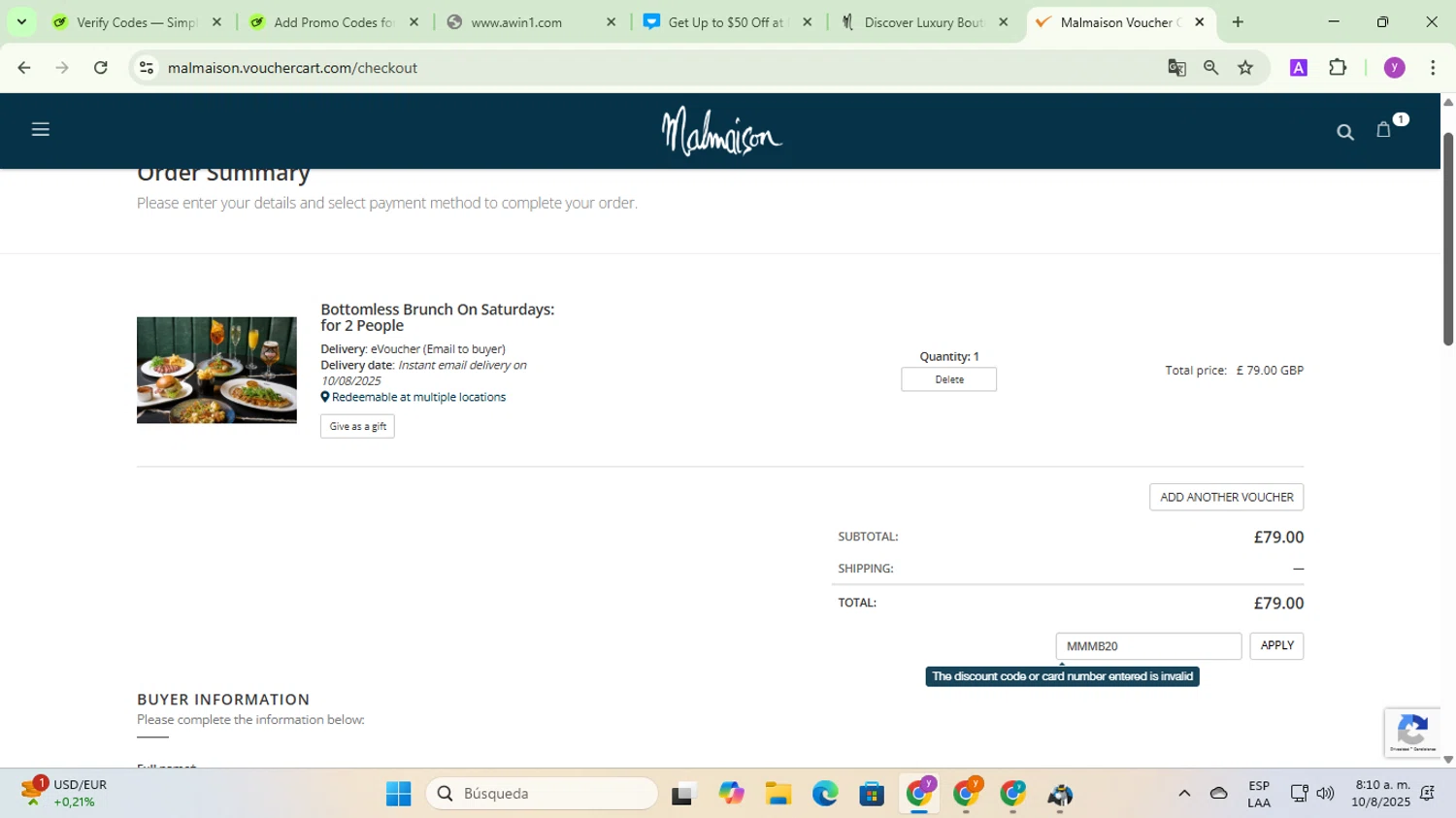 Malmaison discount code screenshot showing code MMMB20 applied at Malmaison checkout page. Uploaded by SimplyCodes community member yadicg054 on Aug 10, 2025