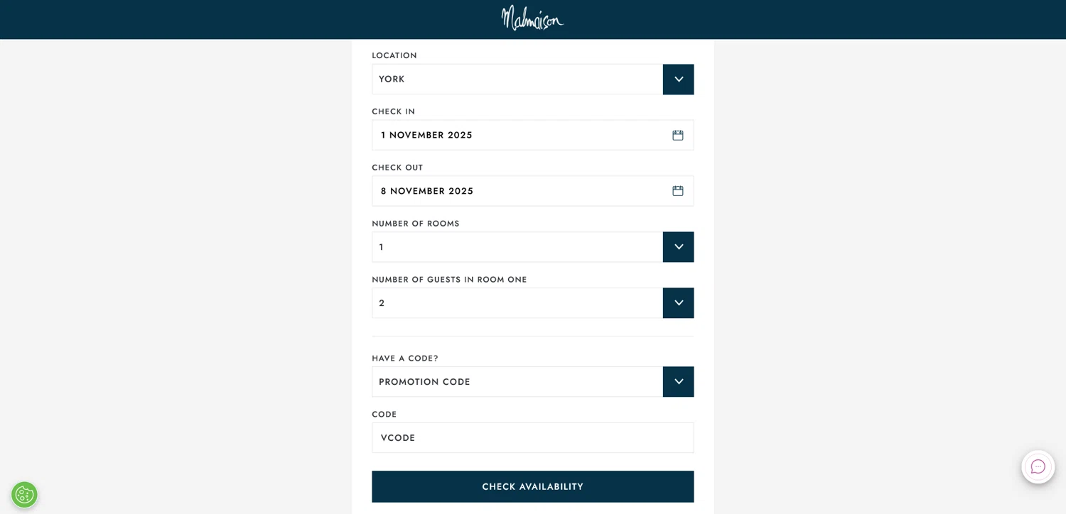 Malmaison discount code screenshot showing code VCODE applied at Malmaison checkout page. Uploaded by SimplyCodes community member Dorothy on Nov 1, 2025