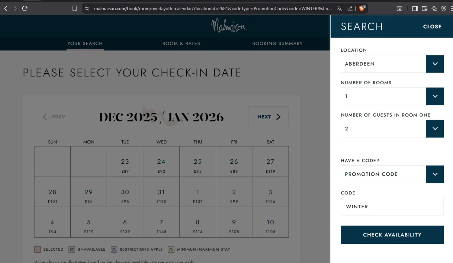 Malmaison discount code screenshot showing code WINTER applied at Malmaison checkout page. Uploaded by SimplyCodes community member crischidy25 on Dec 23, 2025