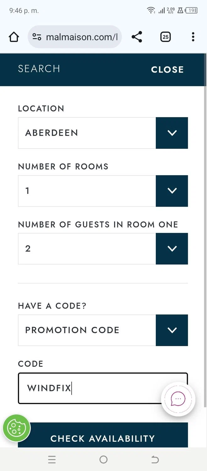Malmaison discount code screenshot showing code WINDFIX applied at Malmaison checkout page. Uploaded by SimplyCodes community member crischidy25 on Dec 27, 2025