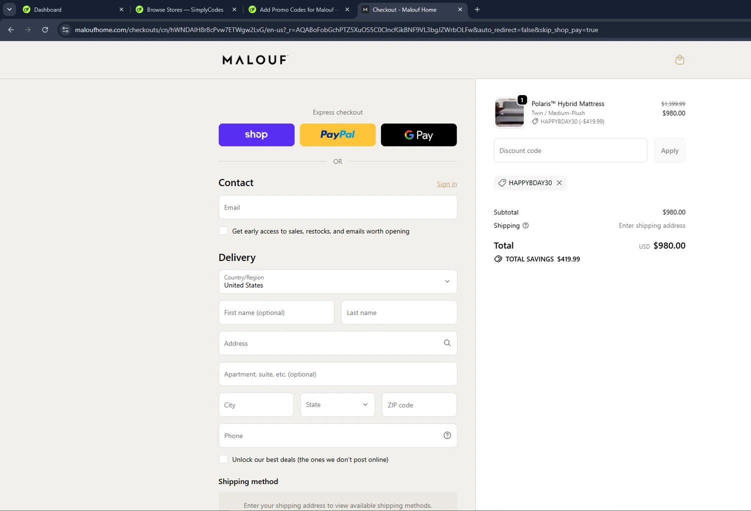 Malouf promo code screenshot showing code happybday30 applied at Malouf checkout page. Uploaded by SimplyCodes community member VictoriousCaptain3902 on Jun 10, 2026