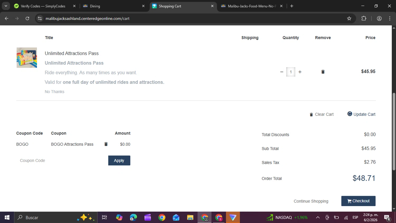 Malibu Jack’s checkout page showing Malibu Jack’s coupon code box | Screenshot taken by SimplyCodes community member on Feb 6, 2026