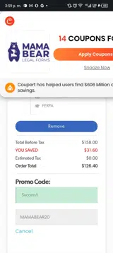 MAMABEAR20 coupon verification screenshot