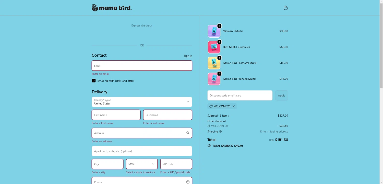 Mama Bird promo code screenshot showing code WELCOME20 applied at Mama Bird checkout page. Uploaded by SimplyCodes community member BargainCurator5453 on Oct 17, 2025