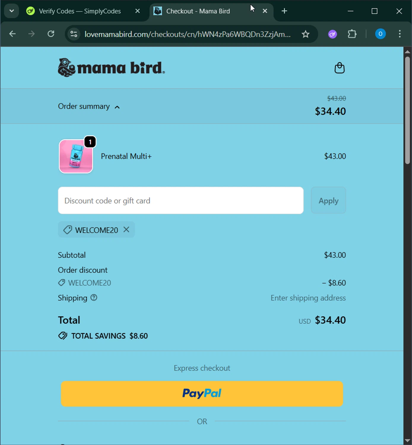 Mama Bird promo code screenshot showing code WELCOME20 applied at Mama Bird checkout page. Uploaded by SimplyCodes community member GoldChaser6627 on Nov 6, 2025