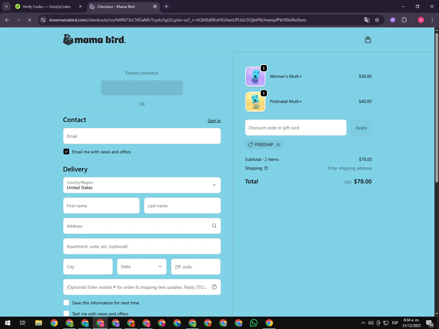 Mama Bird checkout page showing Mama Bird promo code box | Screenshot taken by SimplyCodes community member on Dec 31, 2025