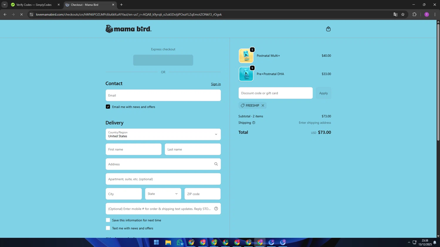 Mama Bird promo code screenshot showing code FREESHIP applied at Mama Bird checkout page. Uploaded by SimplyCodes community member ShrewdSleuth9497 on Dec 14, 2025