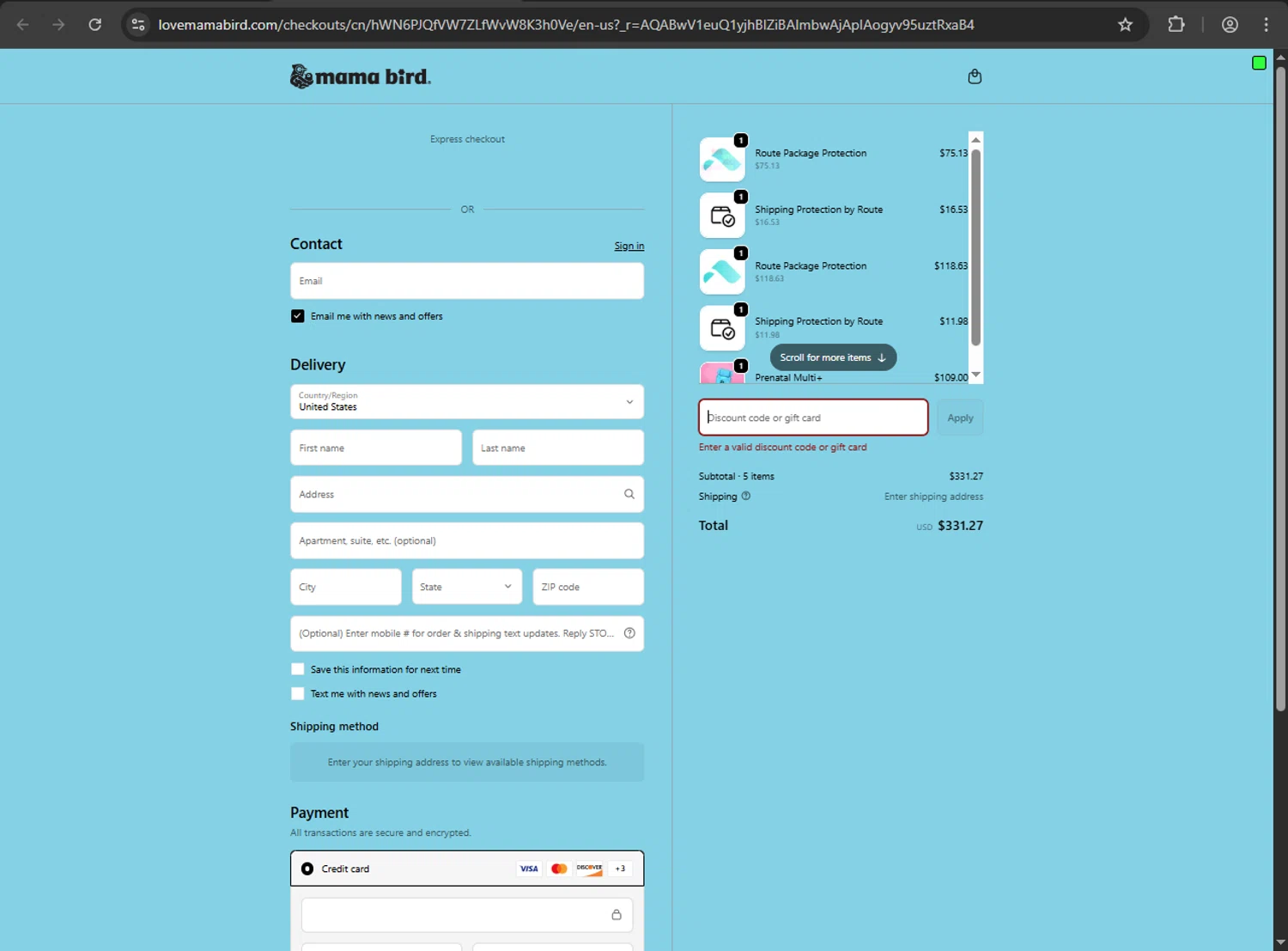 Mama Bird promo code screenshot showing code CALANA applied at Mama Bird checkout page. Uploaded by SimplyCodes community member gokuyvegetta on Dec 14, 2025