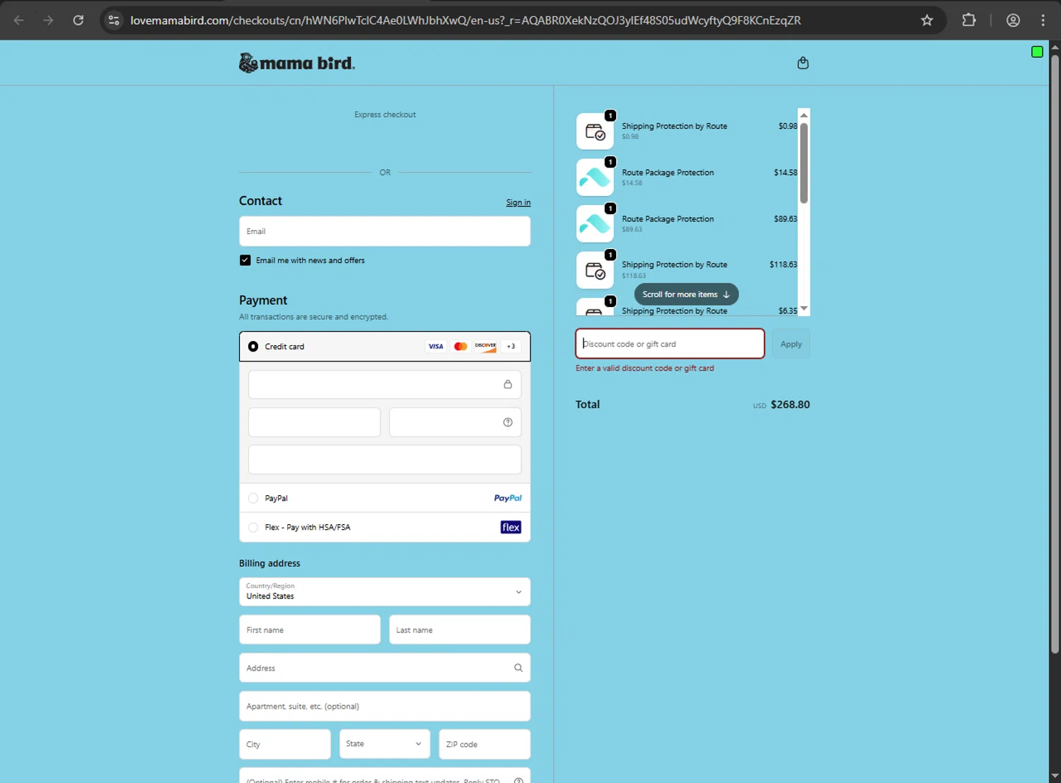 Mama Bird promo code screenshot showing code WTFAB applied at Mama Bird checkout page. Uploaded by SimplyCodes community member RayliMC on Dec 14, 2025