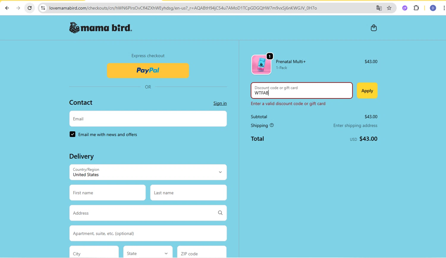 Mama Bird promo code screenshot showing code WTFAB applied at Mama Bird checkout page. Uploaded by SimplyCodes community member d566ty on Dec 14, 2025