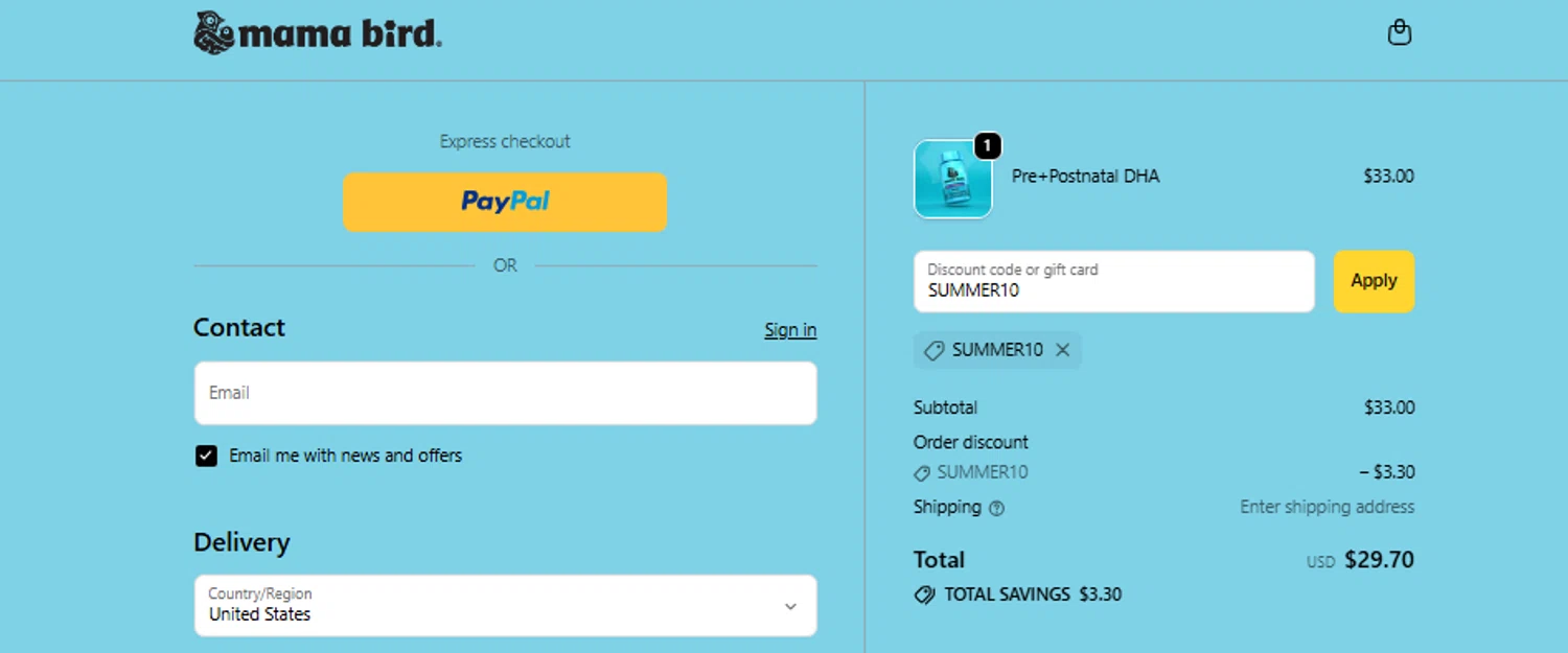 Mama Bird promo code screenshot showing code SUMMER10 applied at Mama Bird checkout page. Uploaded by SimplyCodes community member Jhonny on Dec 14, 2025