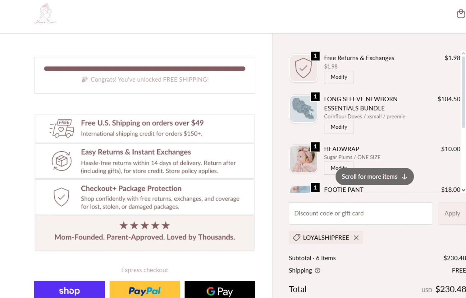 Mama Coco discount code screenshot showing code LOYALSHIPFREE applied at Mama Coco checkout page. Uploaded by SimplyCodes community member jesspea on Nov 28, 2025