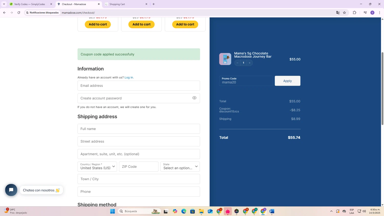 Mama Dose coupon code screenshot showing code mama20 applied at Mama Dose checkout page. Uploaded by SimplyCodes community member BrilliantSentinel3167 on Mar 14, 2025