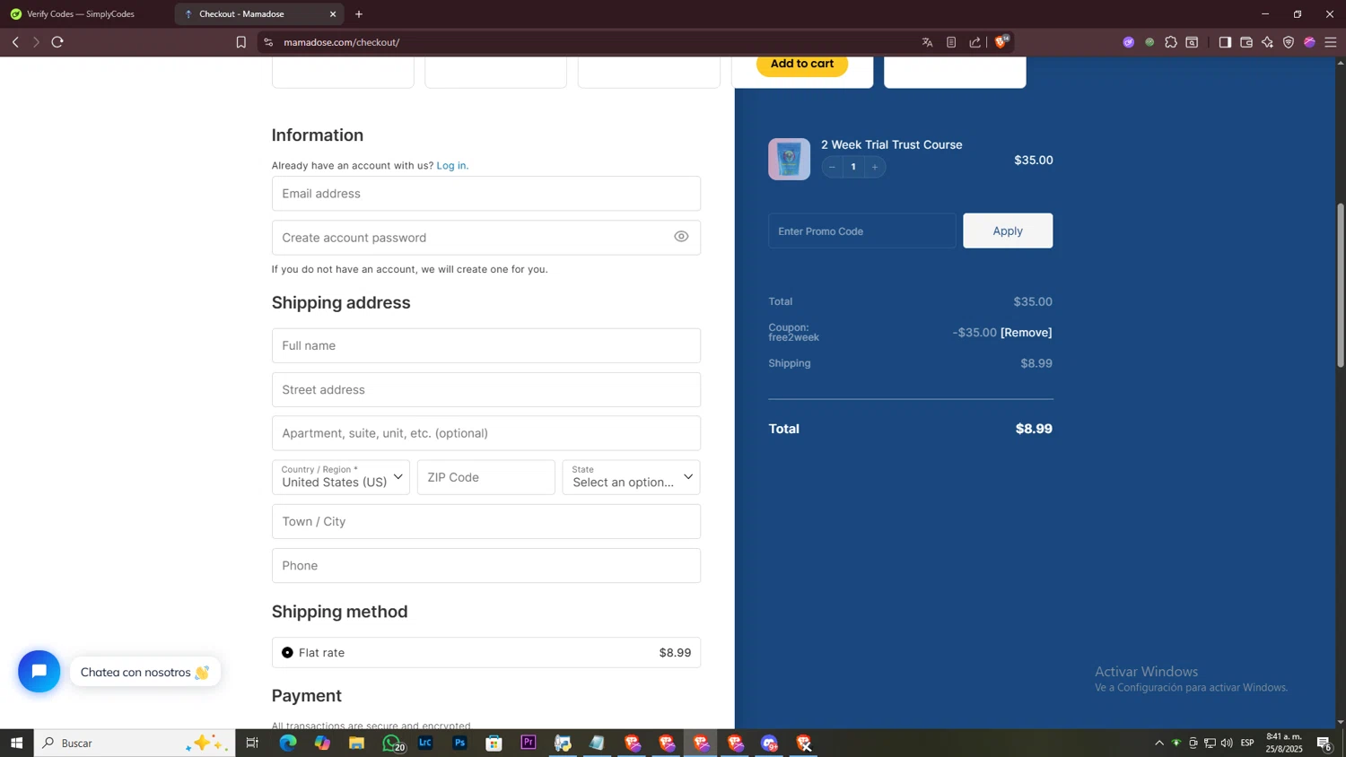 Mama Dose coupon code screenshot showing code free2week applied at Mama Dose checkout page. Uploaded by SimplyCodes community member ArtPOPO on Aug 25, 2025