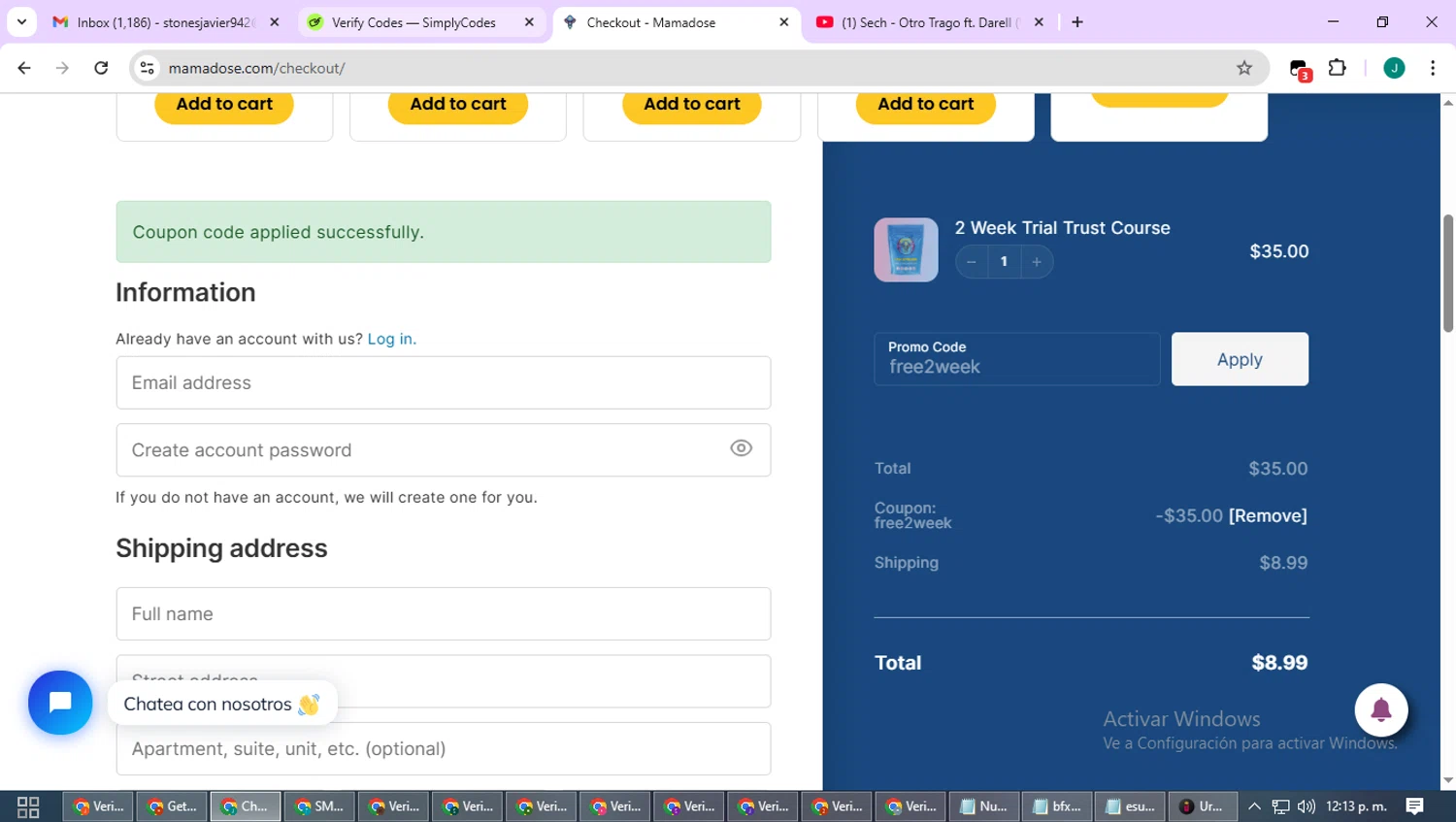 Mama Dose coupon code screenshot showing code free2week applied at Mama Dose checkout page. Uploaded by SimplyCodes community member SavvyCurator1770 on Sep 23, 2025