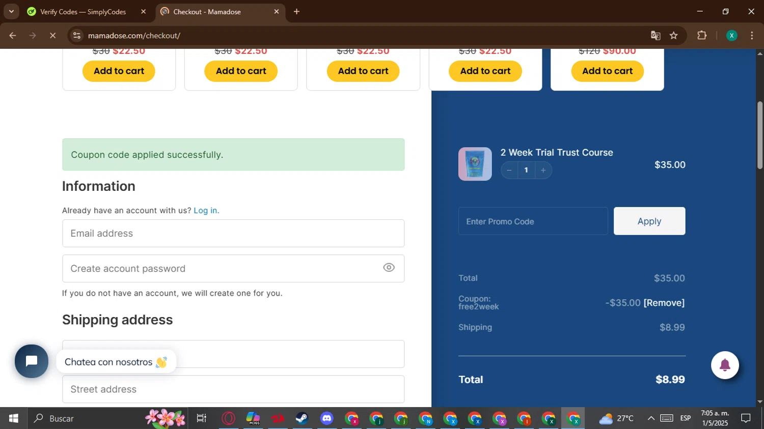 Mama Dose coupon code screenshot showing code free2week applied at Mama Dose checkout page. Uploaded by SimplyCodes community member BonusWarden6019 on May 1, 2025