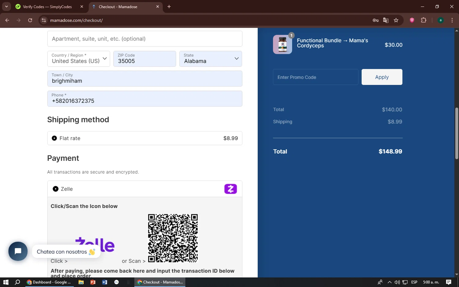 Mama Dose coupon code screenshot showing code PRELUV applied at Mama Dose checkout page. Uploaded by SimplyCodes community member zizu55 on Jul 22, 2025