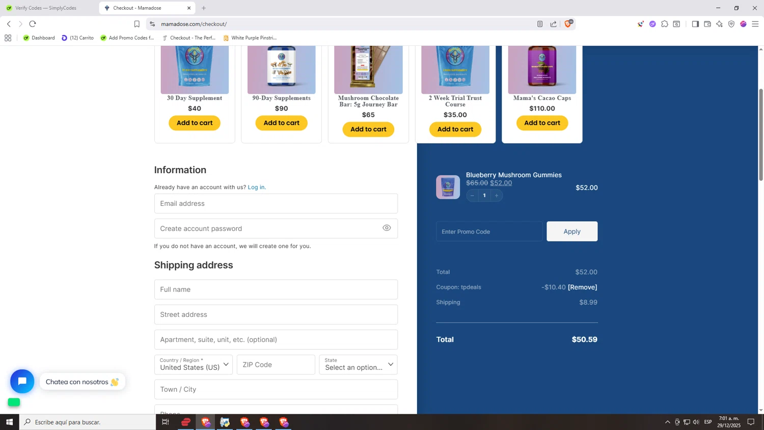 Mama Dose coupon code screenshot showing code TPDEALS applied at Mama Dose checkout page. Uploaded by SimplyCodes community member Nezukooo on Dec 29, 2025