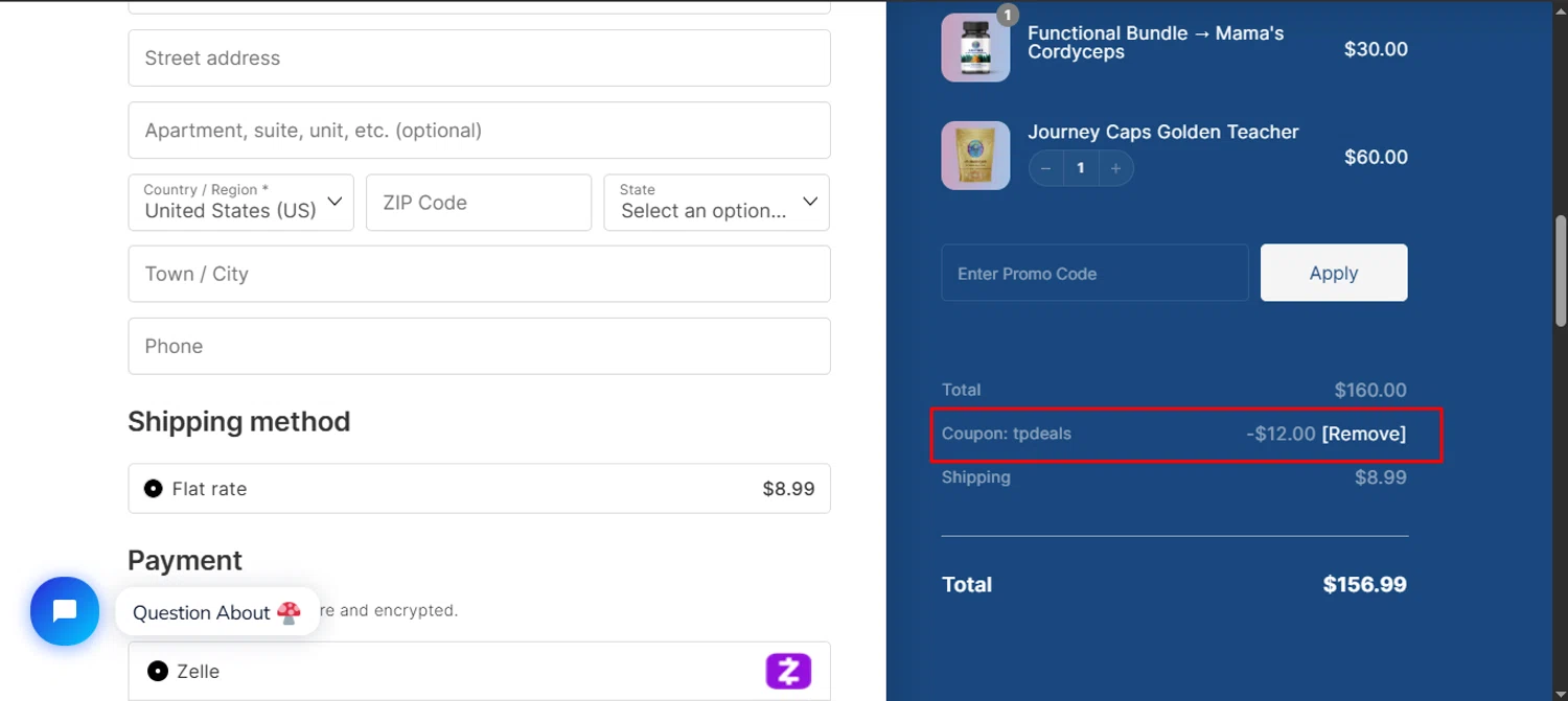 Mama Dose coupon code screenshot showing code TPDEALS applied at Mama Dose checkout page. Uploaded by SimplyCodes community member noworries on Oct 2, 2025