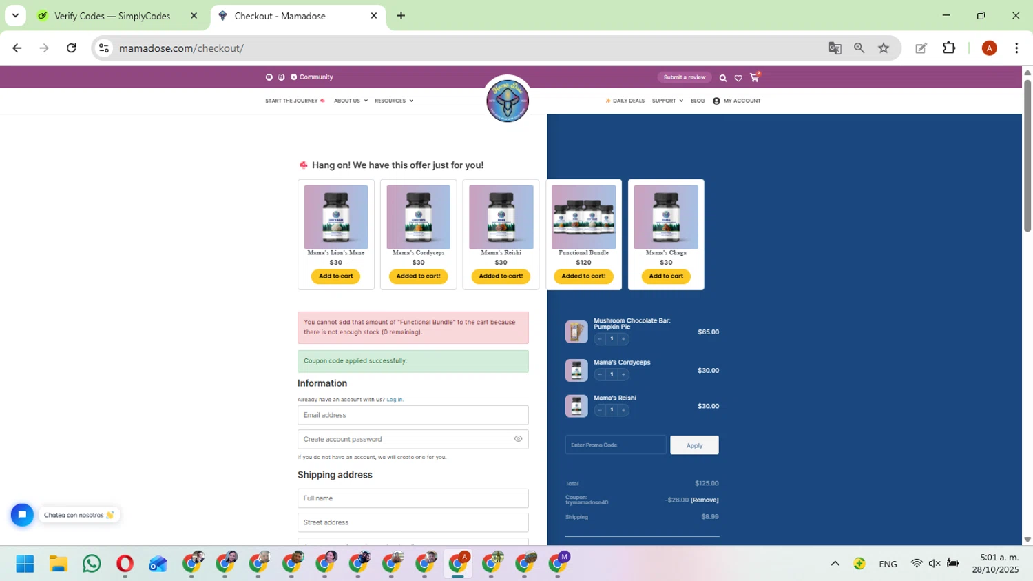 Mama Dose coupon code screenshot showing code TRYMAMADOSE40 applied at Mama Dose checkout page. Uploaded by SimplyCodes community member FundoKadmiel on Oct 28, 2025