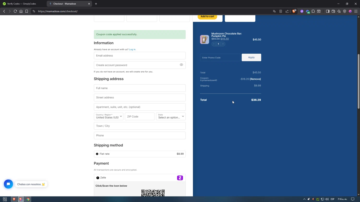Mama Dose coupon code screenshot showing code TRYMAMADOSE40 applied at Mama Dose checkout page. Uploaded by SimplyCodes community member Hei201 on Oct 19, 2025