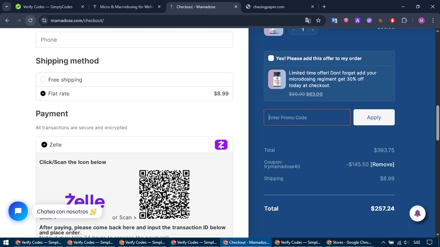 Mama Dose coupon code screenshot showing code TRYMAMADOSE40 applied at Mama Dose checkout page. Uploaded by SimplyCodes community member MightyTracker1549 on Oct 28, 2025