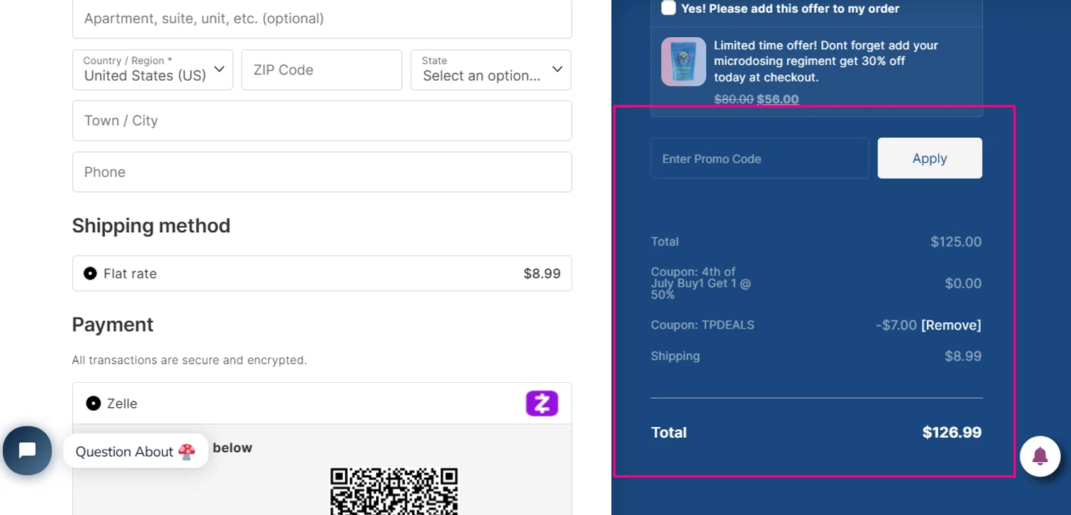 Mama Dose coupon code screenshot showing code TPDEALS applied at Mama Dose checkout page. Uploaded by SimplyCodes community member Swiftdealz on Jul 6, 2025