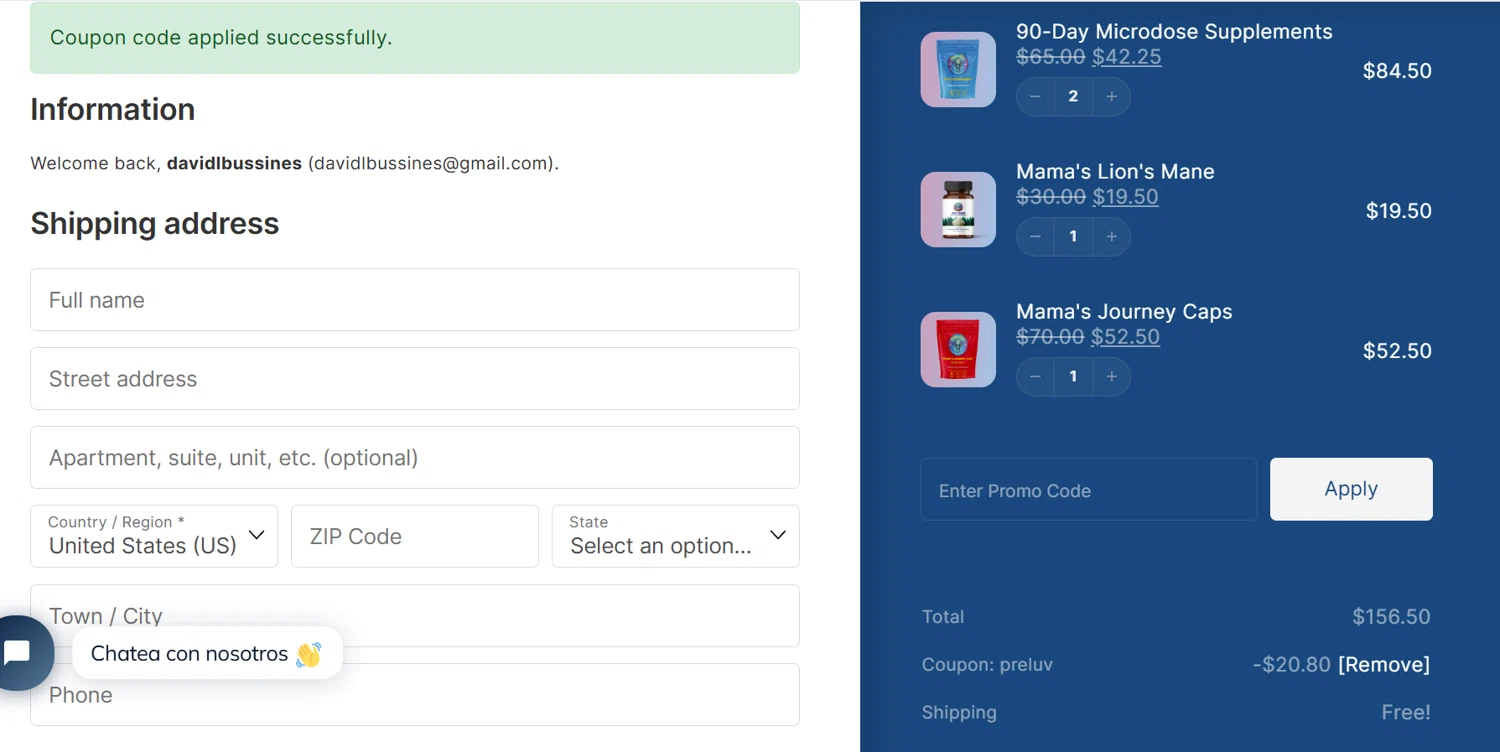 Mama Dose coupon code screenshot showing code PRELUV applied at Mama Dose checkout page. Uploaded by SimplyCodes community member hazken on May 26, 2025