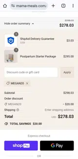 Megan20 coupon verification screenshot