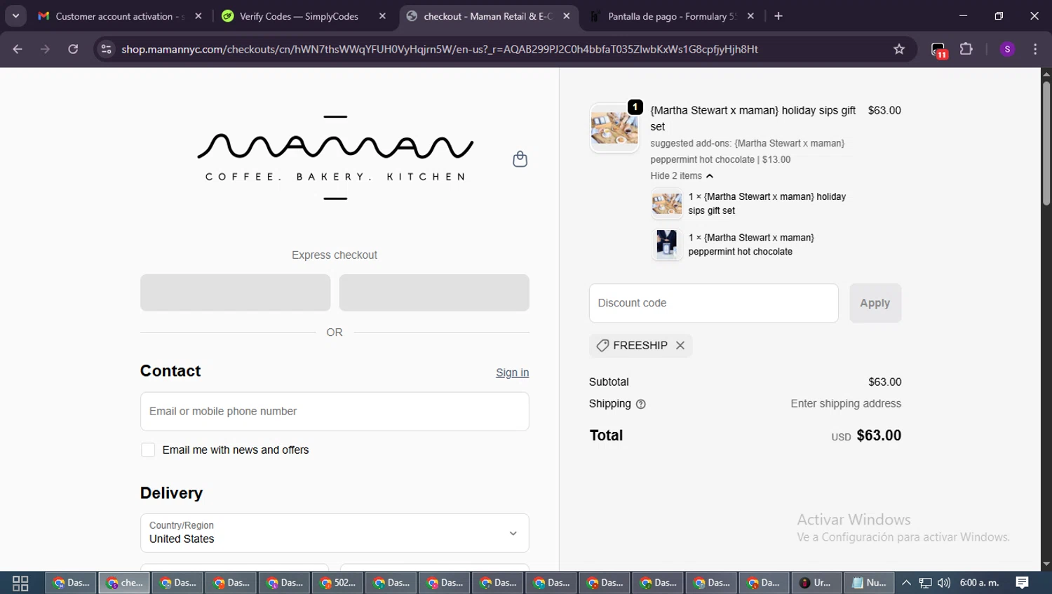 Maman promo code screenshot showing code FREESHIP applied at Maman checkout page. Uploaded by SimplyCodes community member ShieldWarden7838 on Jan 22, 2026