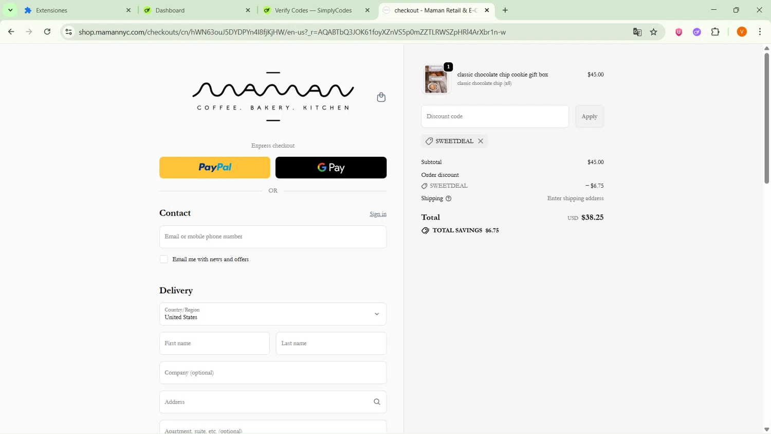 Maman promo code screenshot showing code SWEETDEAL applied at Maman checkout page. Uploaded by SimplyCodes community member RebateSaver5991 on Dec 5, 2025
