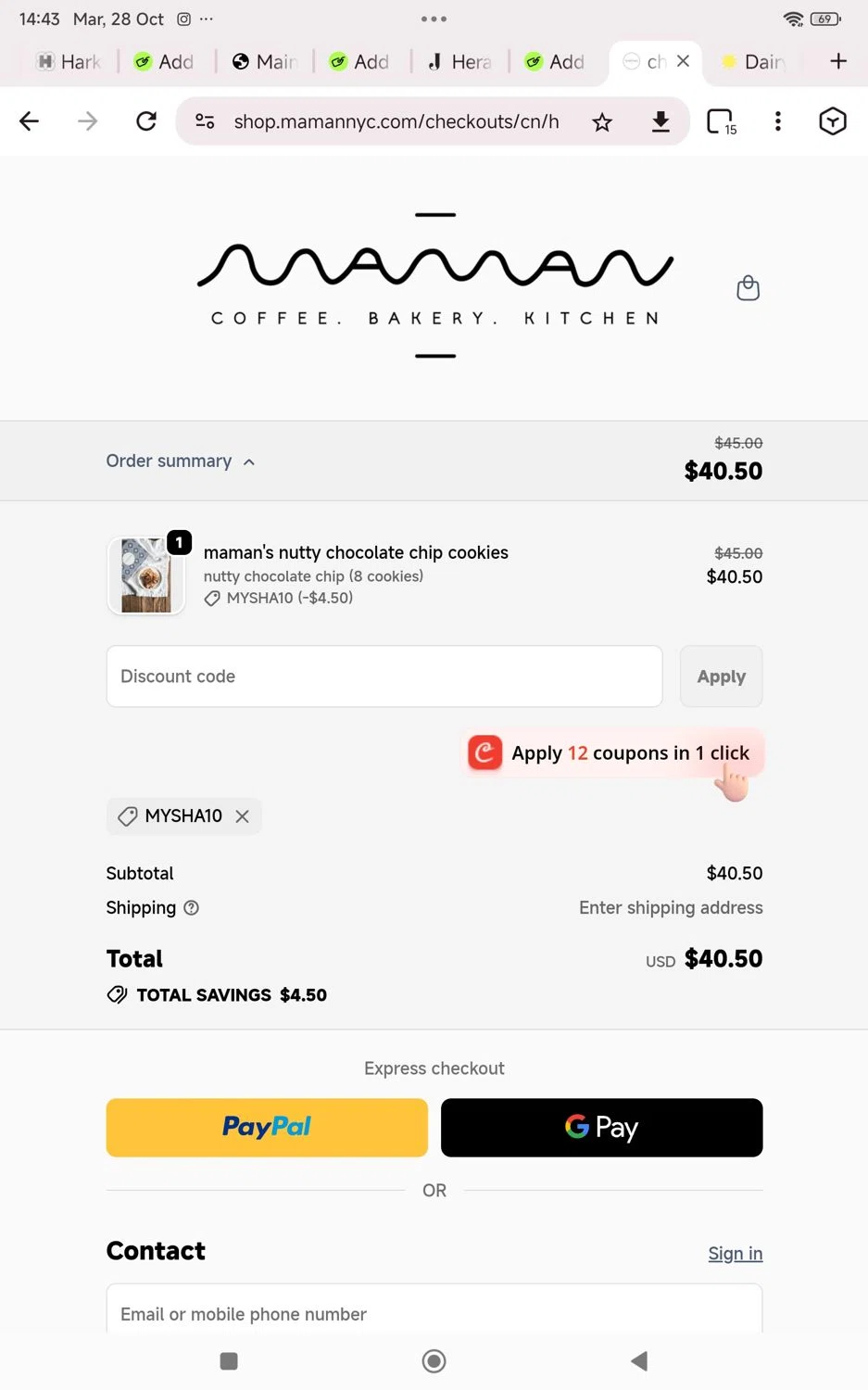 Maman promo code screenshot showing code Mysha10 applied at Maman checkout page. Uploaded by SimplyCodes community member KarinaHZ on Oct 28, 2025