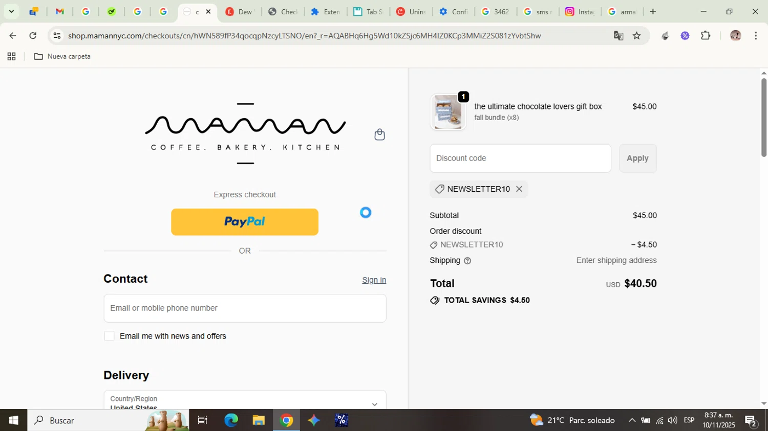 Maman promo code screenshot showing code NEWSLETTER10 applied at Maman checkout page. Uploaded by SimplyCodes community member armalissolorzano1 on Nov 10, 2025