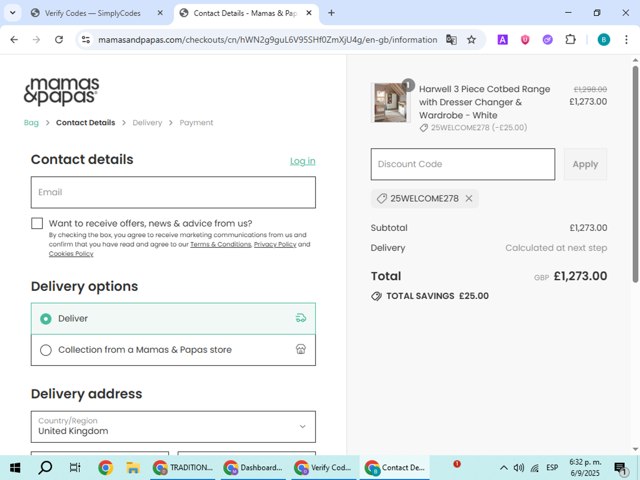 Mamas & Papas checkout page showing Mamas & Papas promo code box | Screenshot taken by SimplyCodes community member on Sep 6, 2025