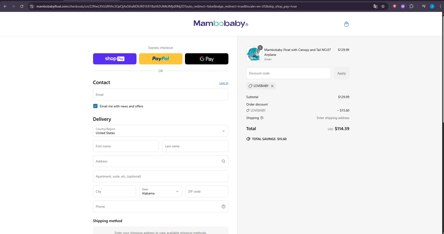 Mambobaby discount code screenshot showing code lovebaby applied at Mambobaby checkout page. Uploaded by SimplyCodes community member LuckyDefender4135 on Jun 17, 2025