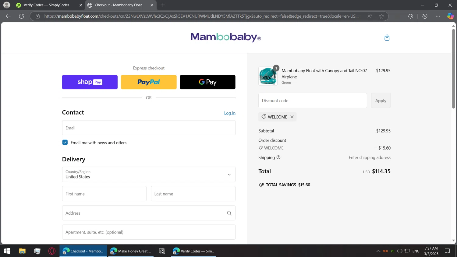 Mambobaby discount code screenshot showing code WELCOME applied at Mambobaby checkout page. Uploaded by SimplyCodes community member BorgeZzz on Mar 3, 2025