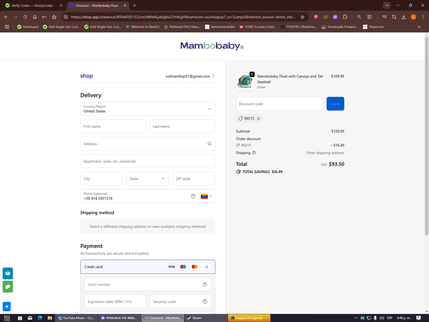 Mambobaby discount code screenshot showing code INS15 applied at Mambobaby checkout page. Uploaded by SimplyCodes community member Alalee on Oct 20, 2025