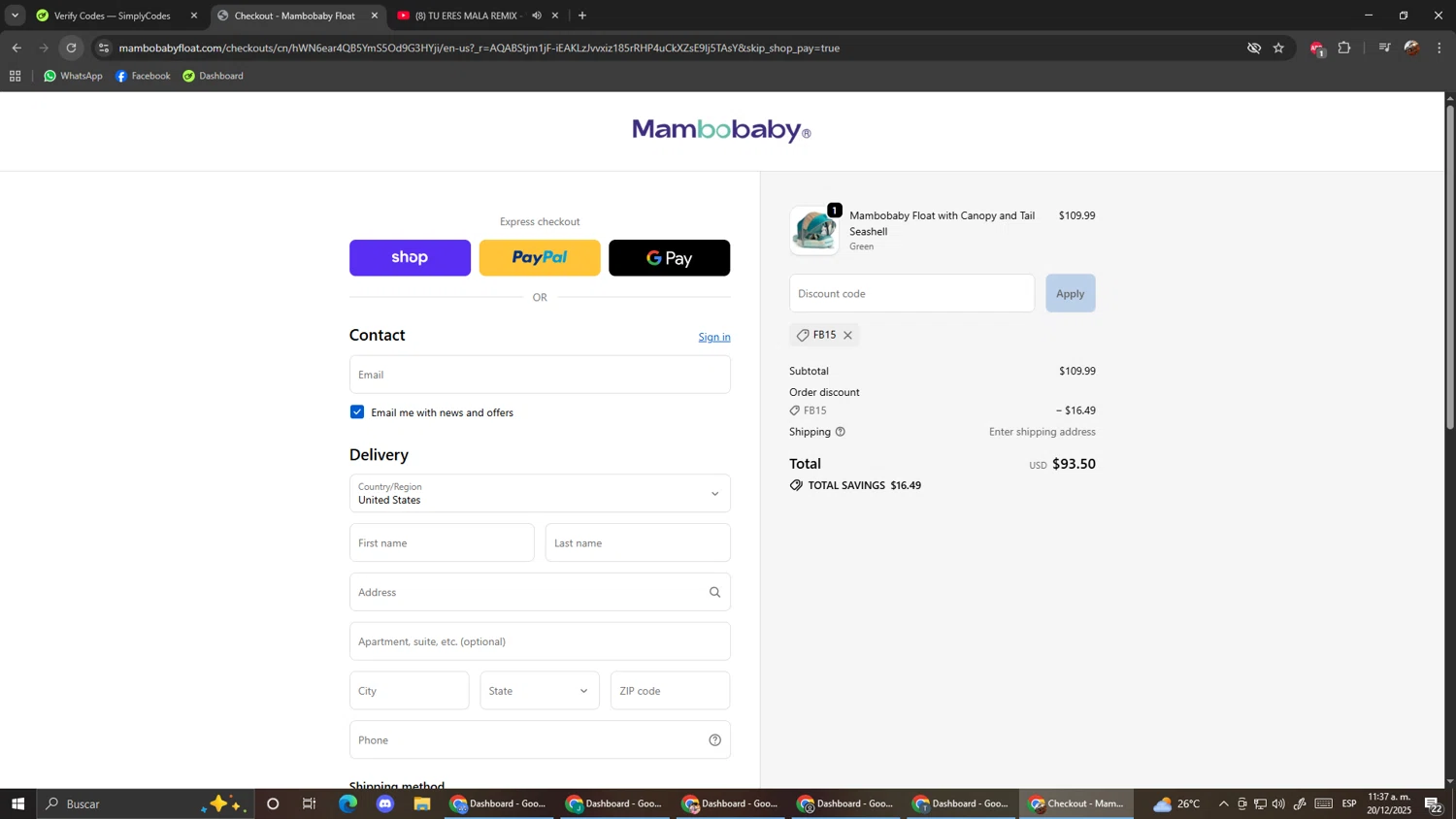 Mambobaby discount code screenshot showing code FB15 applied at Mambobaby checkout page. Uploaded by SimplyCodes community member ScanShopper554 on Dec 20, 2025