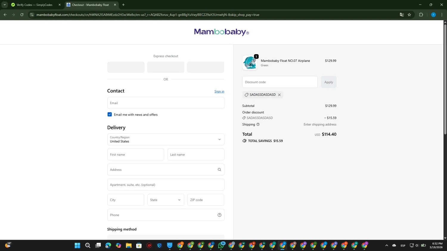Mambobaby promo code screenshot showing code SADASSDASDASD applied at Mambobaby checkout page. Uploaded by SimplyCodes community member RewardVoyager146 on Mar 19, 2026
