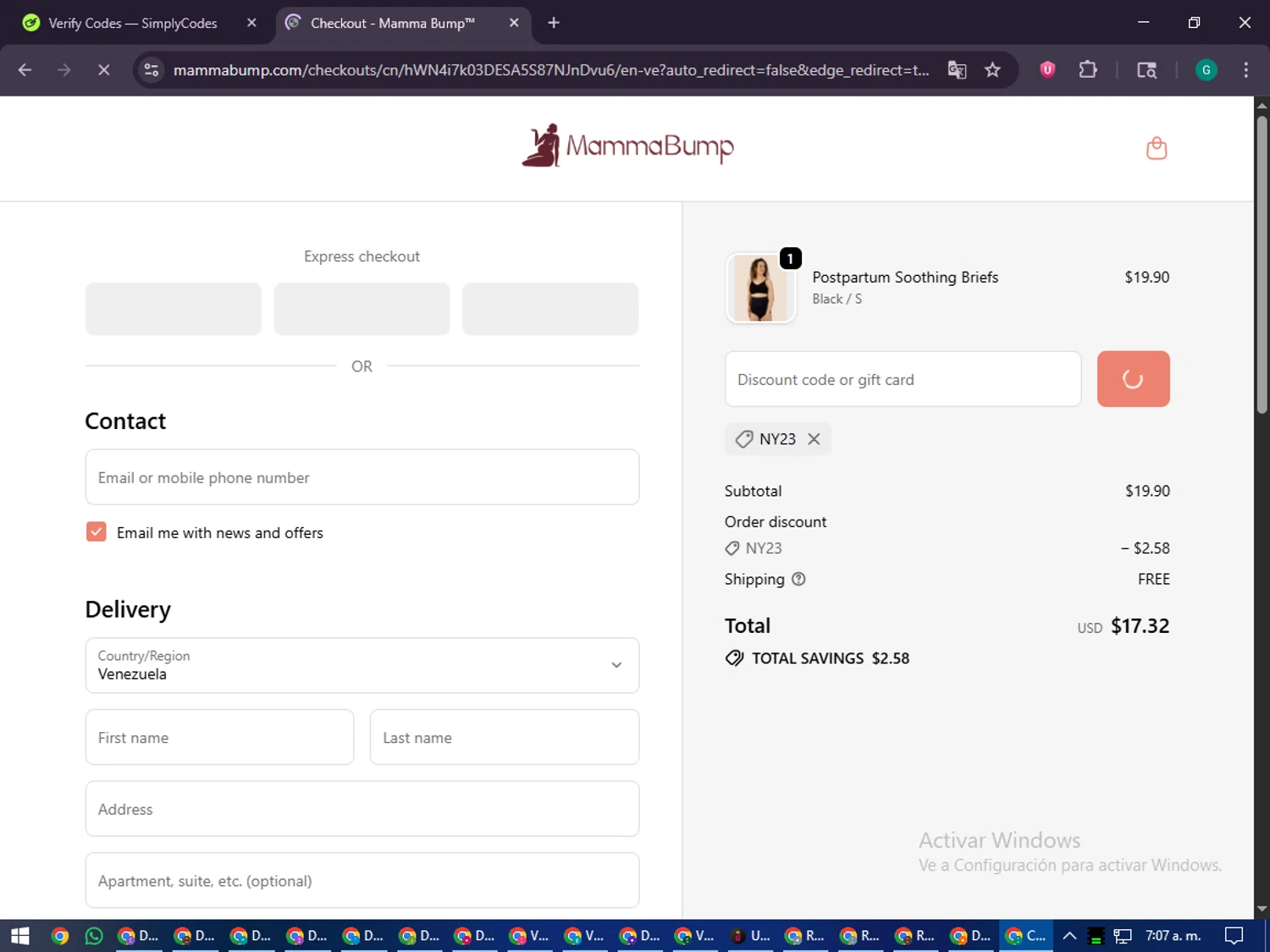 Mamma Bump discount code screenshot showing code NY23 applied at Mamma Bump checkout page. Uploaded by SimplyCodes community member PennyFinder5759 on Oct 30, 2025