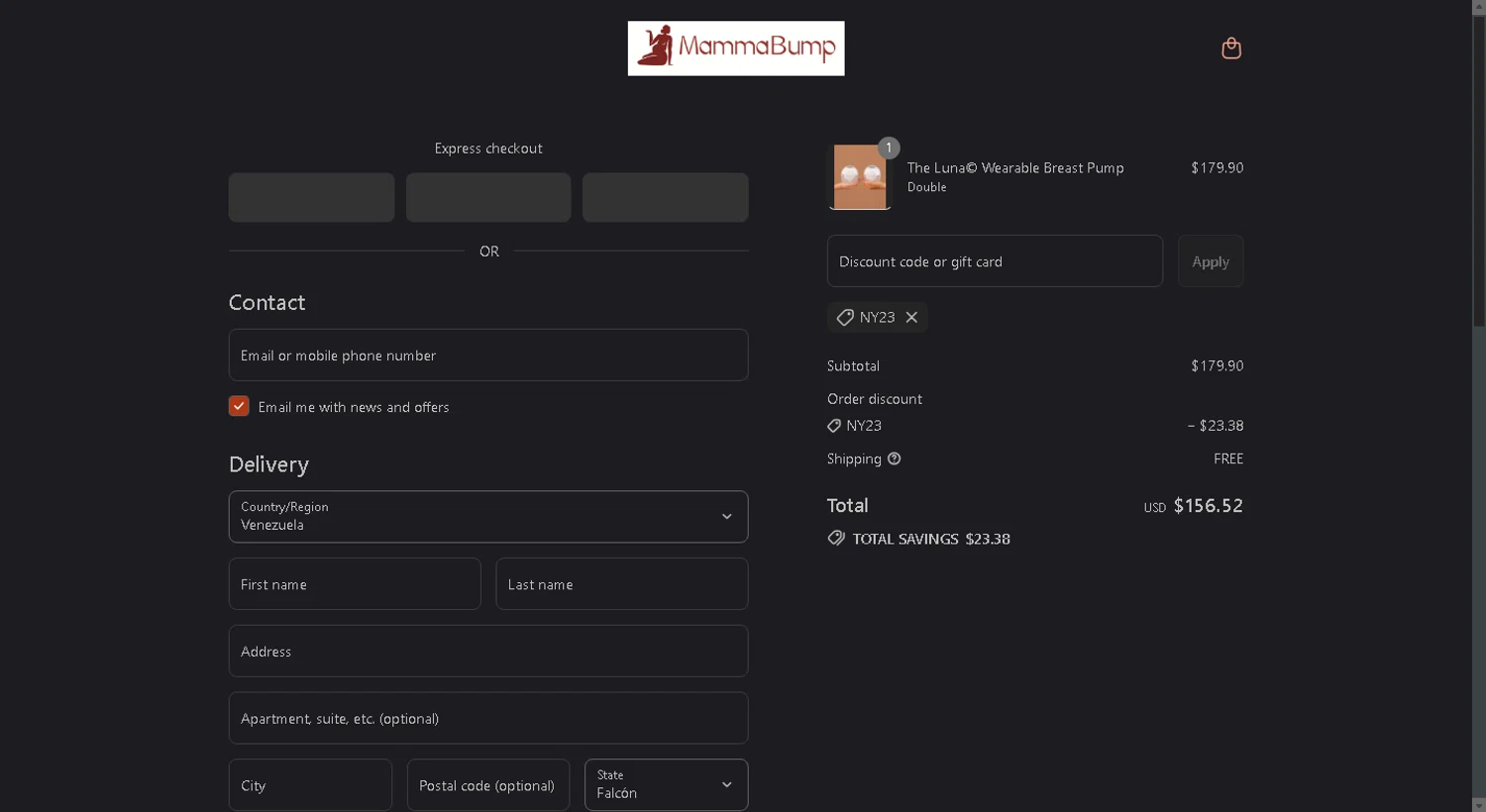 Mamma Bump discount code screenshot showing code NY23 applied at Mamma Bump checkout page. Uploaded by SimplyCodes community member tony2702 on Aug 25, 2025