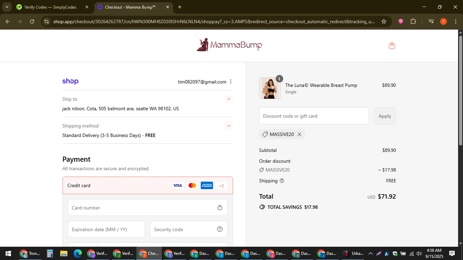 Mamma Bump discount code screenshot showing code MASSIVE20 applied at Mamma Bump checkout page. Uploaded by SimplyCodes community member ShrewdAce8338 on Sep 15, 2025
