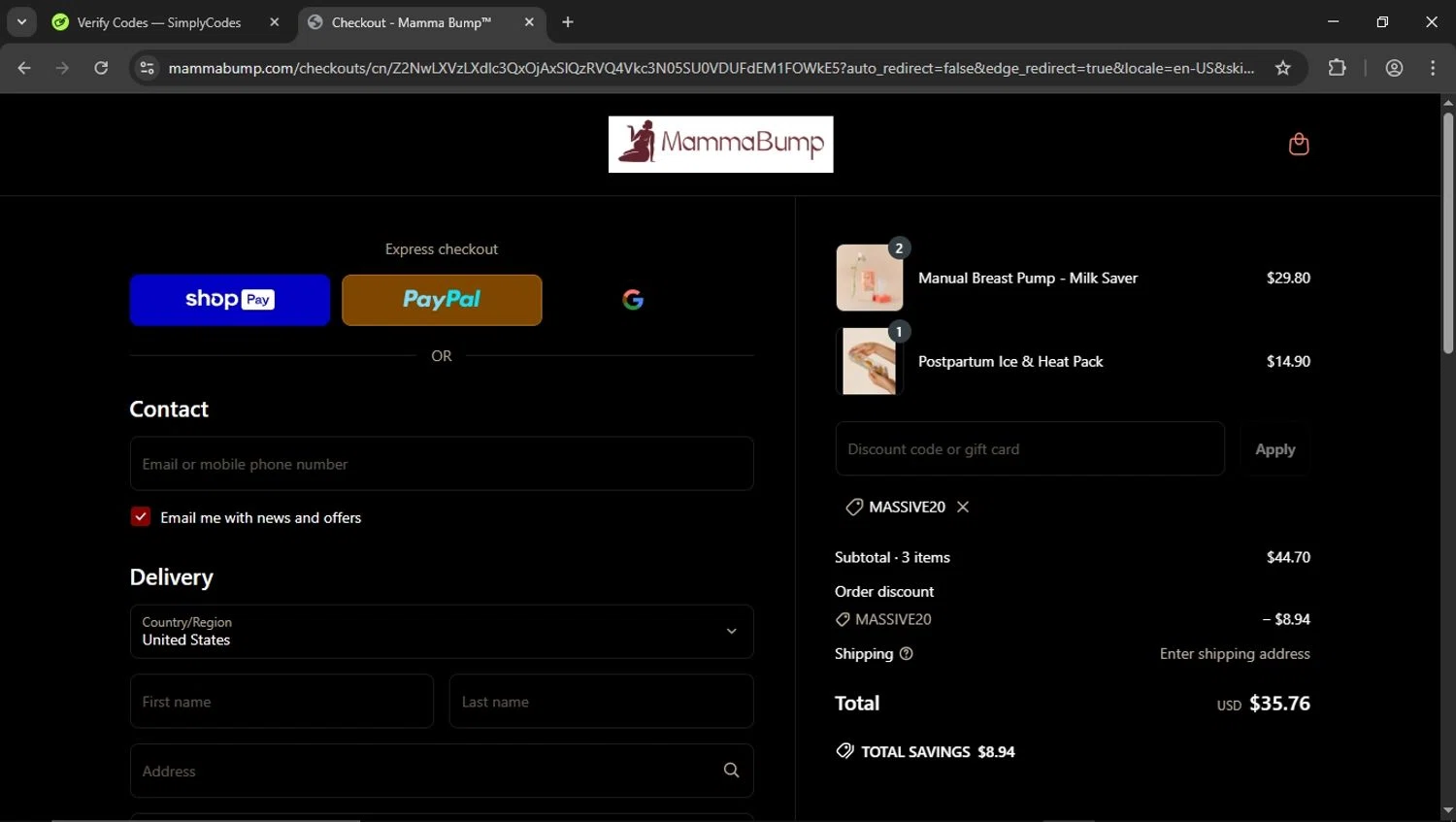 Mamma Bump discount code screenshot showing code MASSIVE20 applied at Mamma Bump checkout page. Uploaded by SimplyCodes community member SaleSentinel3142 on Apr 30, 2025
