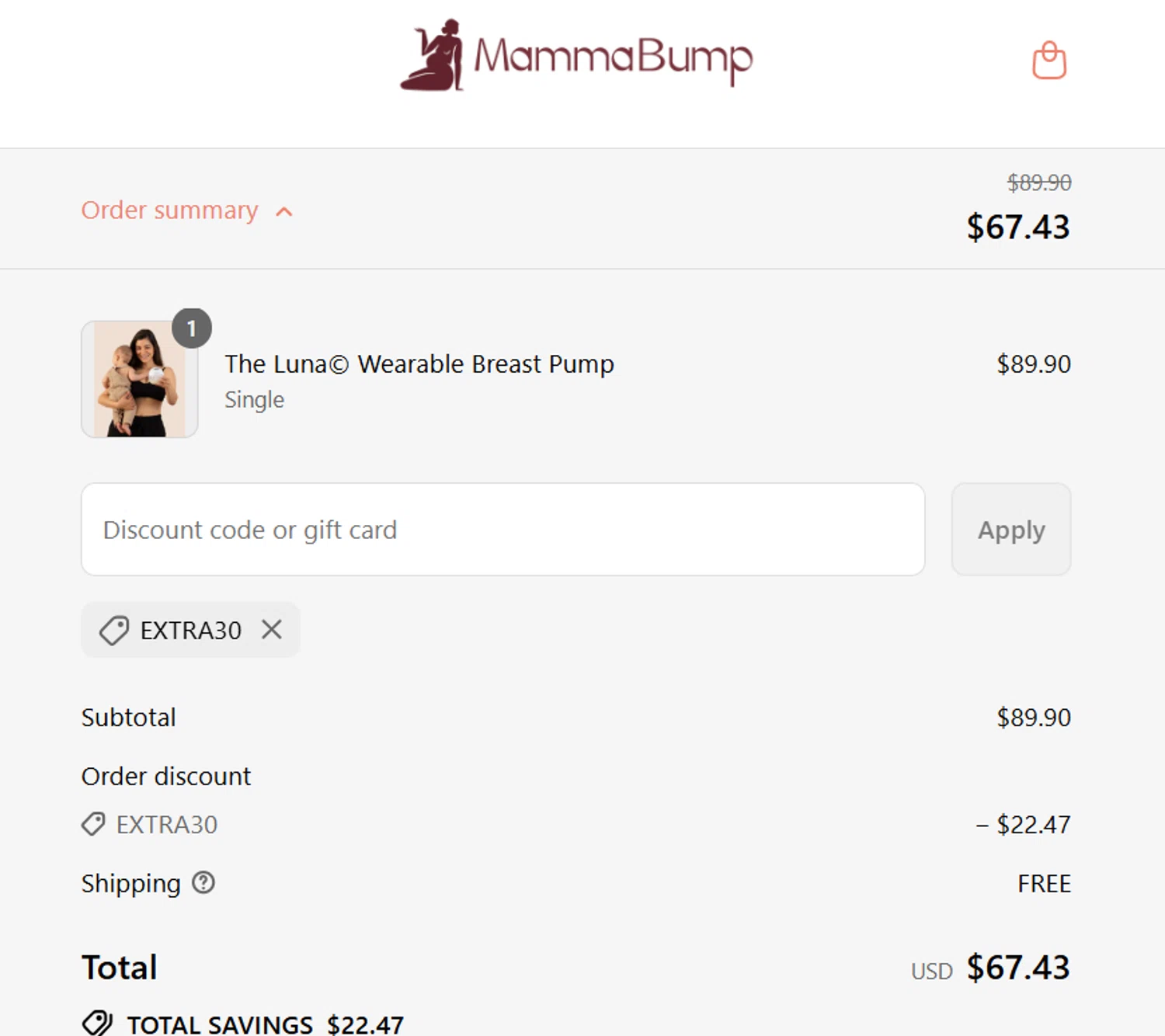 Mamma Bump discount code screenshot showing code EXTRA30 applied at Mamma Bump checkout page. Uploaded by SimplyCodes community member steve_jeff on Aug 29, 2025