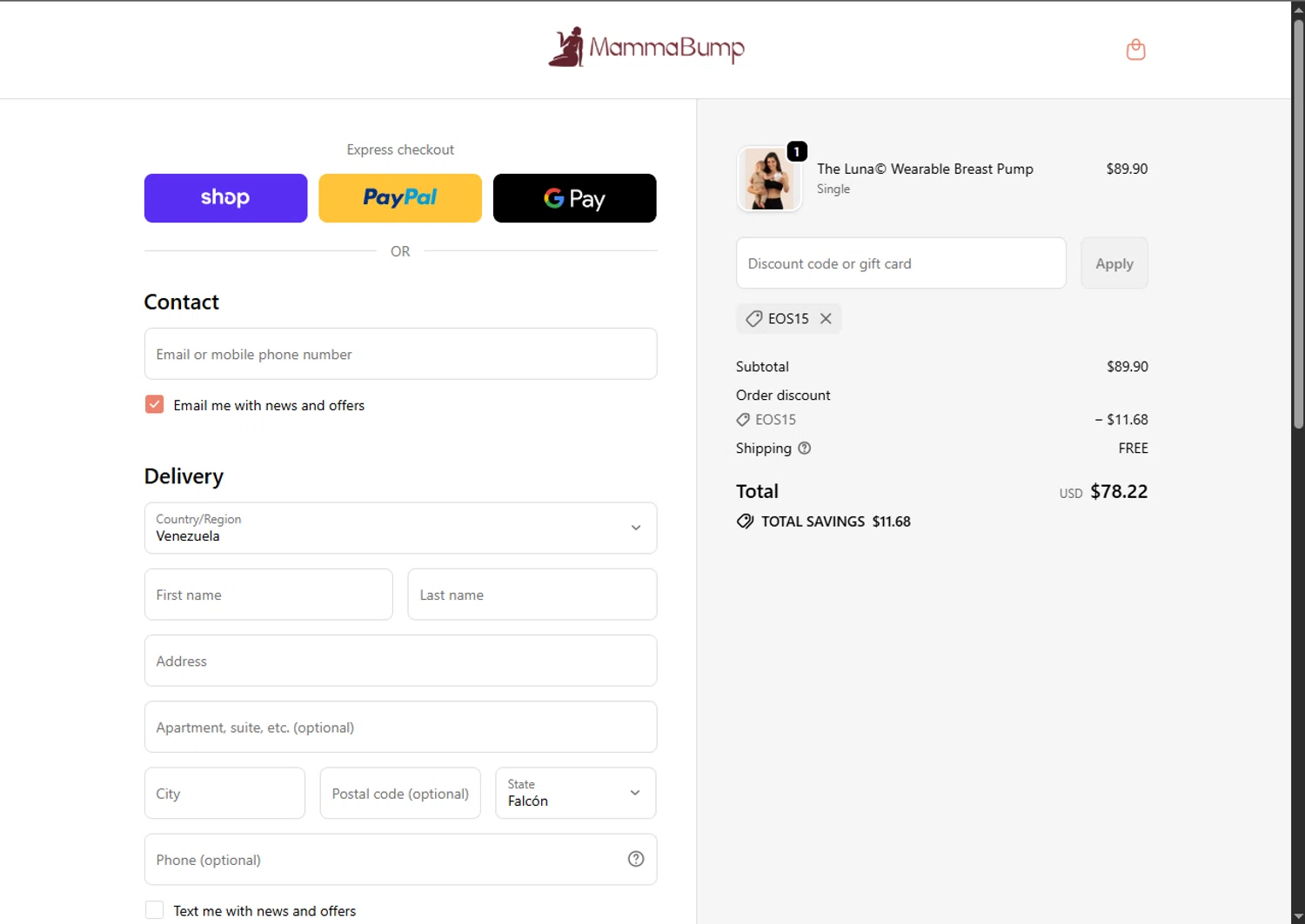 Mamma Bump discount code screenshot showing code EOS15 applied at Mamma Bump checkout page. Uploaded by SimplyCodes community member GoldPhoenix3793 on Oct 30, 2025