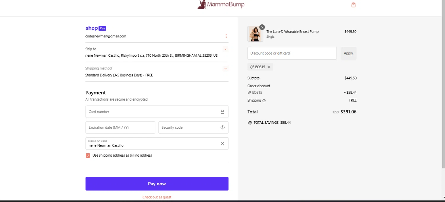 Mamma Bump discount code screenshot showing code EOS15 applied at Mamma Bump checkout page. Uploaded by SimplyCodes community member larenacida on Dec 27, 2024