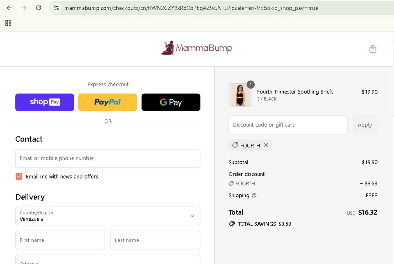 Mamma Bump discount code screenshot showing code FOURTH applied at Mamma Bump checkout page. Uploaded by SimplyCodes community member NobleSentinel8535 on Aug 25, 2025
