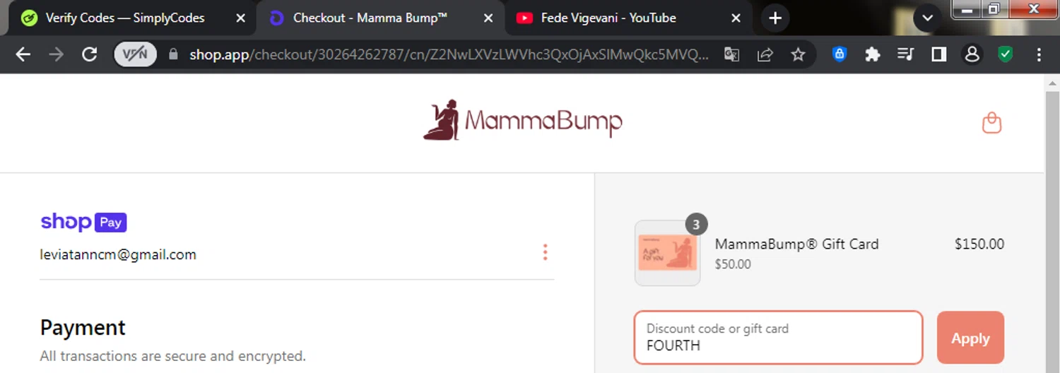 Mamma Bump discount code screenshot showing code FOURTH applied at Mamma Bump checkout page. Uploaded by SimplyCodes community member yuta_okkotsu on Apr 16, 2025